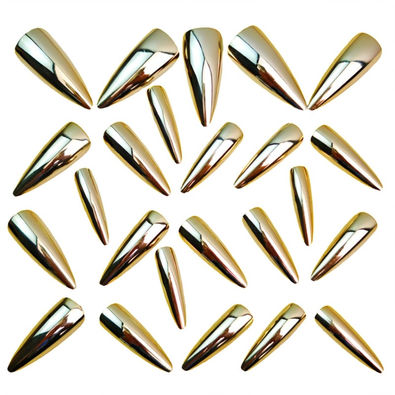 SINHOT Stiletto Press on Nails Long - Long Fake Nails, Glossy Finish, Gold Metallic & Chrome, DIY Artificial False Nail Art - 24 Pcs Nail Kit with Glue - Image 5